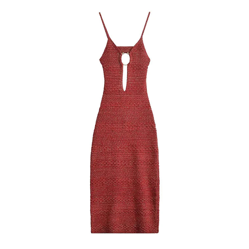 Midi Dresses- Women Textured Knit Midi Dress with Daring Cutout Detail- Red- Pekosa Women Fashion