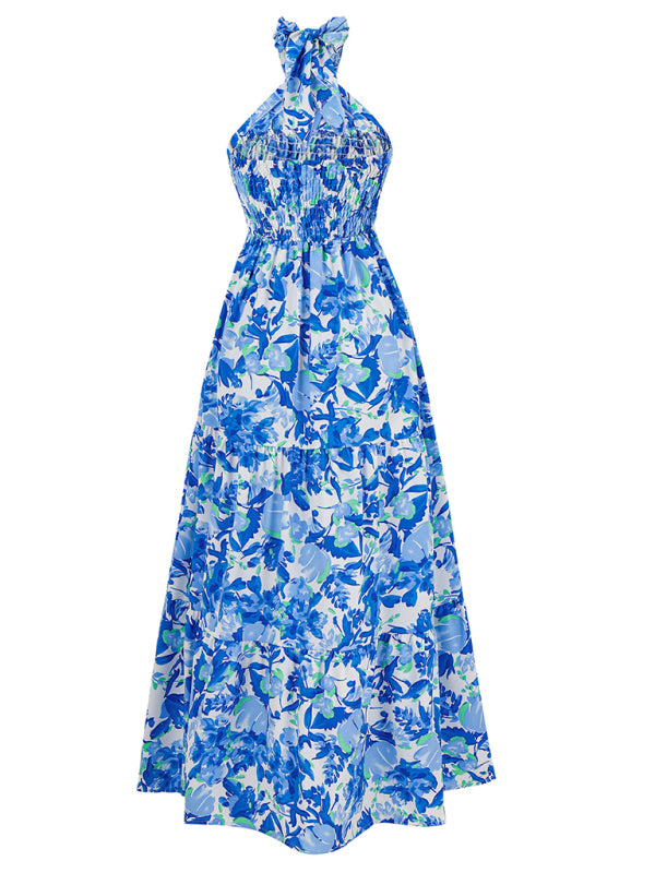 Midi Dresses- Women's A-Line Smocked Halter Dress in Florals- - Pekosa Women Fashion