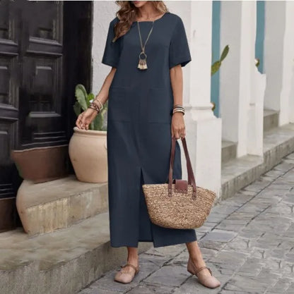 Midi Dresses- Women's Midi Dress Tunic for Relaxed Summer Outings & BBQs- Dark blue- Pekosa Women Fashion