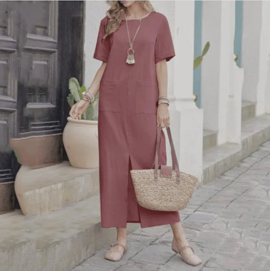 Midi Dresses- Women's Midi Dress Tunic for Relaxed Summer Outings & BBQs- Red- Pekosa Women Fashion
