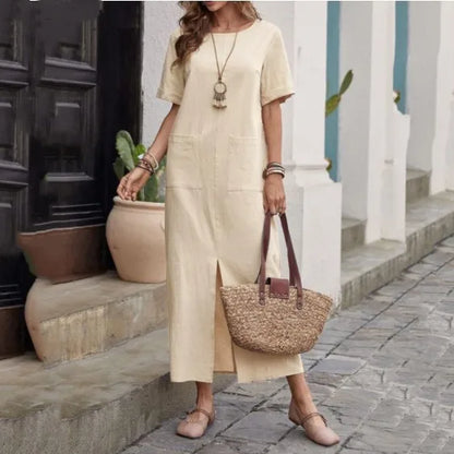 Midi Dresses- Women's Midi Dress Tunic for Relaxed Summer Outings & BBQs- Apricot- Pekosa Women Fashion