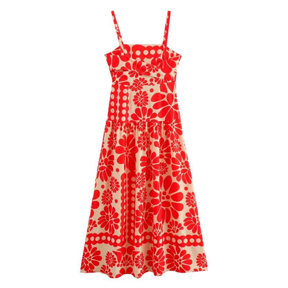 Midi Dresses- Red Floral Print Midi Dress- - Pekosa Women Fashion