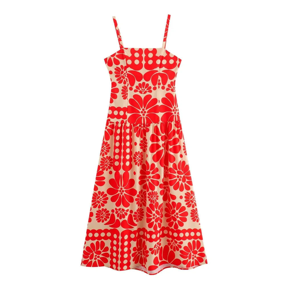 Midi Dresses- Red Floral Print Midi Dress- Red- Pekosa Women Fashion