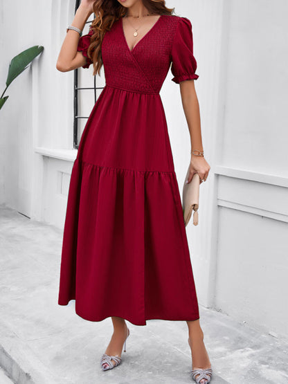 Midi Dresses- Women's Smocked Bodice Midi Dress with Solid Puff Sleeves- Wine Red- Pekosa Women Fashion