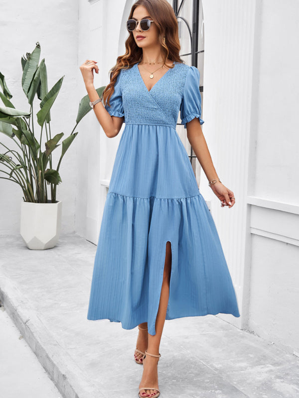 Midi Dresses- Women's Smocked Bodice Midi Dress with Solid Puff Sleeves- - Pekosa Women Fashion