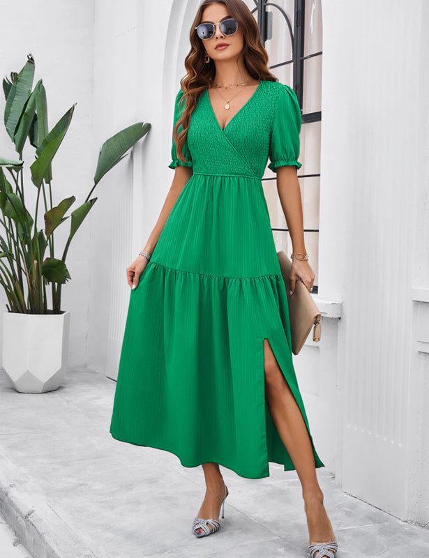 Midi Dresses- Women's Smocked Bodice Midi Dress with Solid Puff Sleeves- - Pekosa Women Fashion