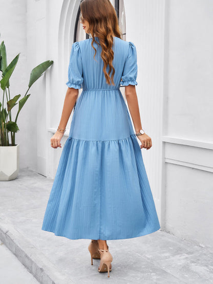 Midi Dresses- Women's Smocked Bodice Midi Dress with Solid Puff Sleeves- - Pekosa Women Fashion