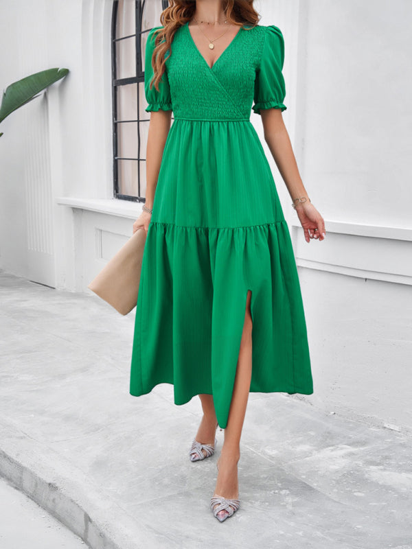 Midi Dresses- Women's Smocked Bodice Midi Dress with Solid Puff Sleeves- - Pekosa Women Fashion