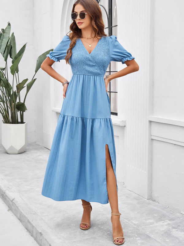 Midi Dresses- Women's Smocked Bodice Midi Dress with Solid Puff Sleeves- - Pekosa Women Fashion