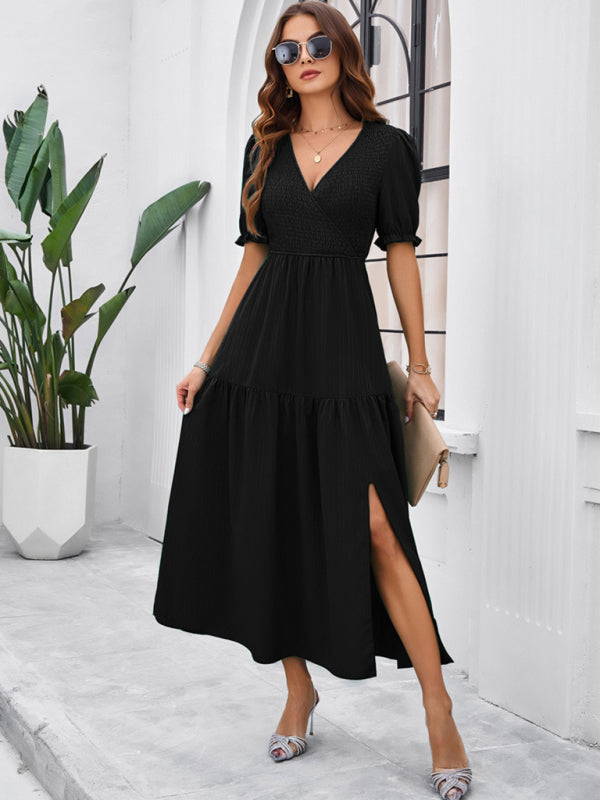 Midi Dresses- Women's Smocked Bodice Midi Dress with Solid Puff Sleeves- - Pekosa Women Fashion