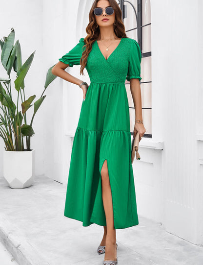 Midi Dresses- Women's Smocked Bodice Midi Dress with Solid Puff Sleeves- - Pekosa Women Fashion