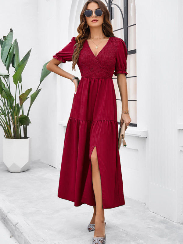 Midi Dresses- Women's Smocked Bodice Midi Dress with Solid Puff Sleeves- - Pekosa Women Fashion