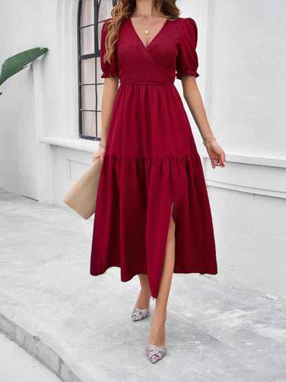 Midi Dresses- Women's Smocked Bodice Midi Dress with Solid Puff Sleeves- - Pekosa Women Fashion