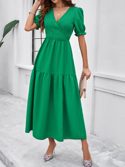 Midi Dresses- Women's Smocked Bodice Midi Dress with Solid Puff Sleeves- Grass green- Pekosa Women Fashion