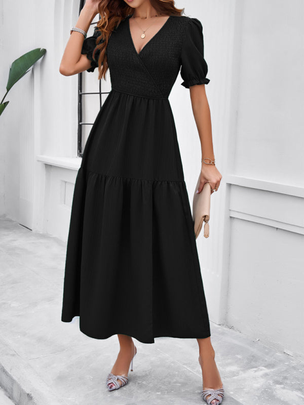 Midi Dresses- Women's Smocked Bodice Midi Dress with Solid Puff Sleeves- Black- Pekosa Women Fashion