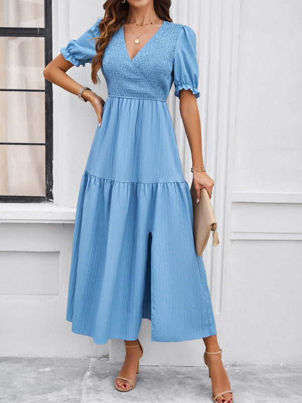 Midi Dresses- Women's Smocked Bodice Midi Dress with Solid Puff Sleeves- Blue- Pekosa Women Fashion