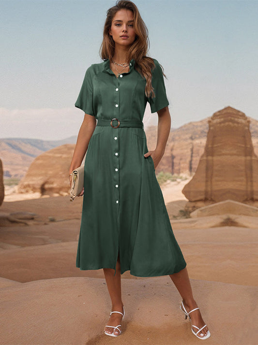 Midi Dresses- Women's Solid Button-Up A-Line Midi Dress with Waist Belt- Olive green- Pekosa Women Fashion