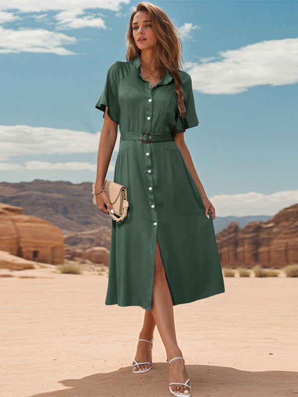 Midi Dresses- Women's Solid Button-Up A-Line Midi Dress with Waist Belt- - Pekosa Women Fashion