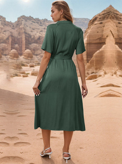 Midi Dresses- Women's Solid Button-Up A-Line Midi Dress with Waist Belt- - Pekosa Women Fashion