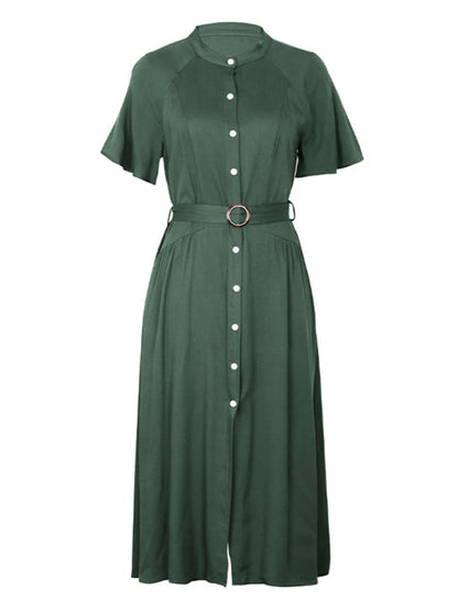 Midi Dresses- Women's Solid Button-Up A-Line Midi Dress with Waist Belt- - Pekosa Women Fashion