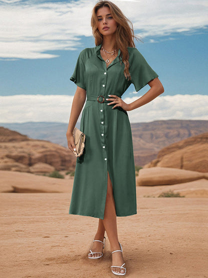 Midi Dresses- Women's Solid Button-Up A-Line Midi Dress with Waist Belt- - Pekosa Women Fashion