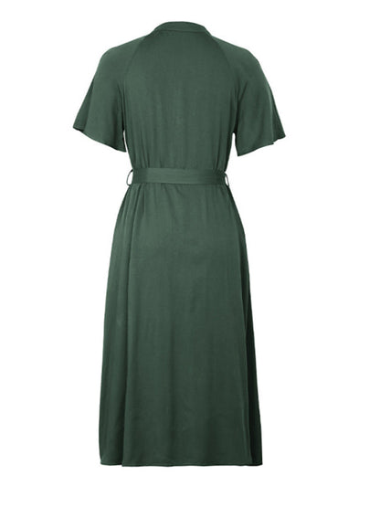 Midi Dresses- Women's Solid Button-Up A-Line Midi Dress with Waist Belt- - Pekosa Women Fashion