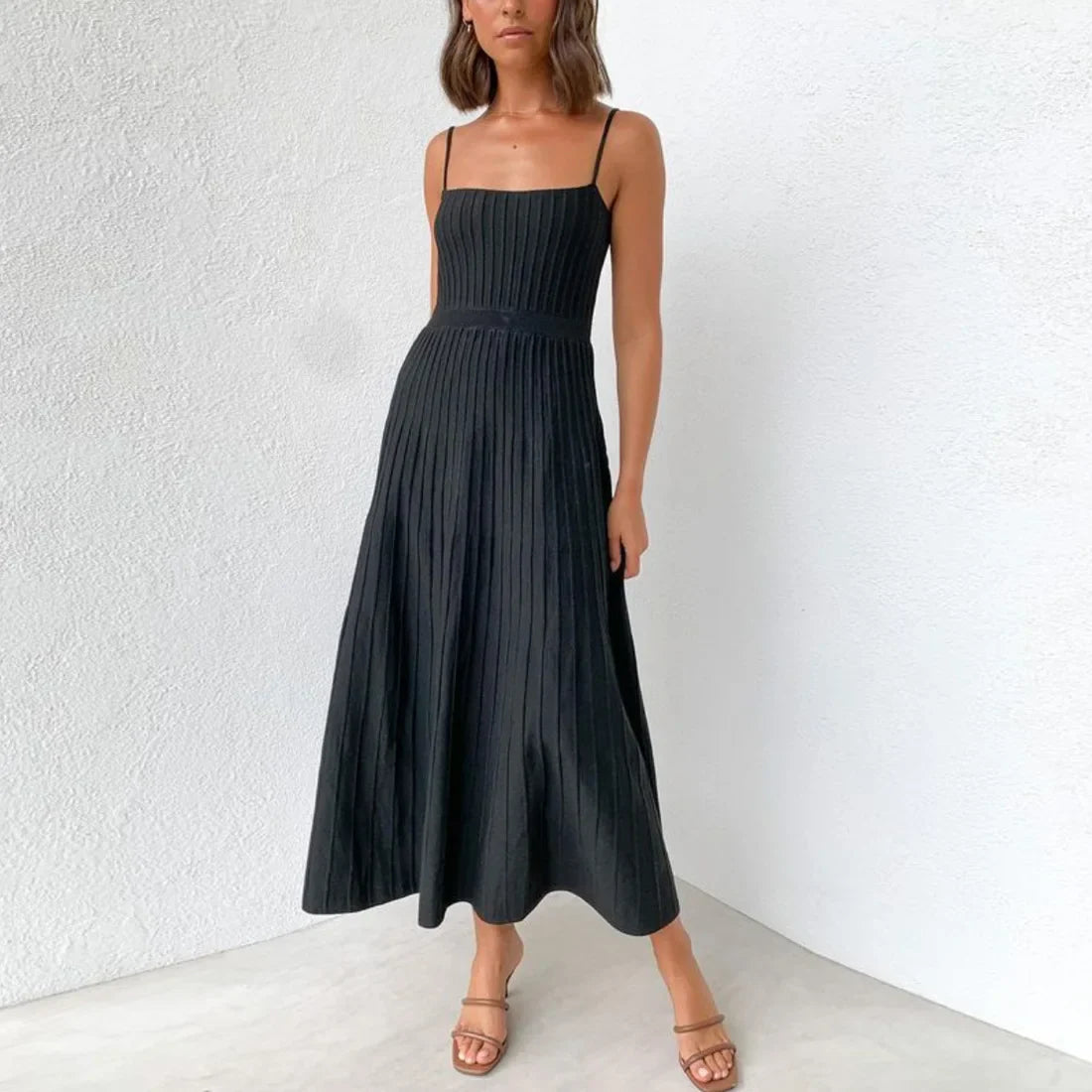 Midi Dresses- Women's Summer Knit Cami Midi Dress in Pleated Style- Black- Pekosa Women Fashion