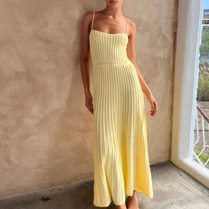 Midi Dresses- Women's Summer Knit Cami Midi Dress in Pleated Style- Yellow- Pekosa Women Fashion