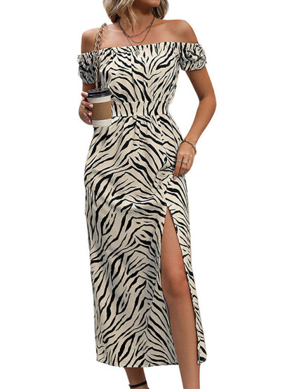 Midi Dresses- Women's Zebra Print Sheath Off Shoulder Slit Midi Dress- - Pekosa Women Fashion