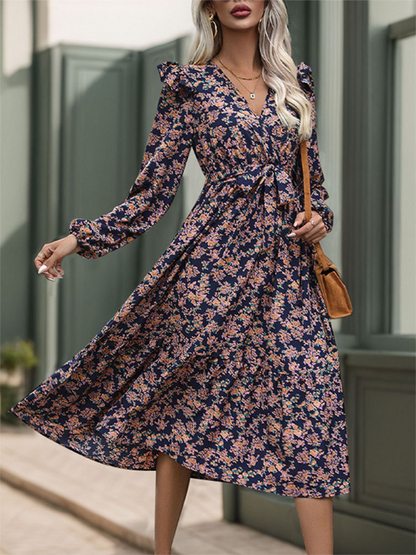 Midi Dresses- Wrap in Floral Surplice Belted Midi Dress for Any Occasion- - Pekosa Women Fashion