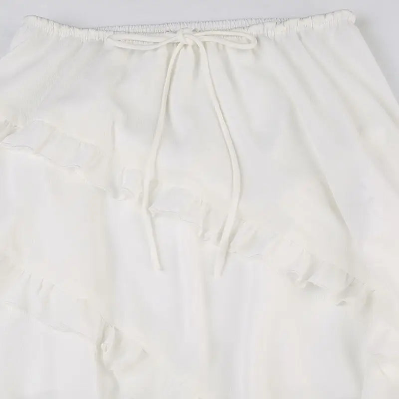 Midi Skirts- Bohemian White Ruffled Asymmetrical Midi Skirt with Lace-Up Detail