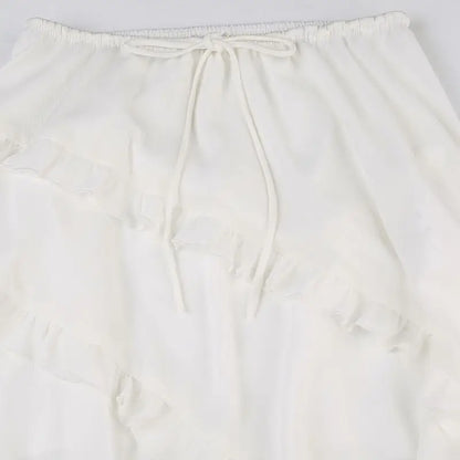 Midi Skirts- Bohemian White Ruffled Asymmetrical Midi Skirt with Lace-Up Detail