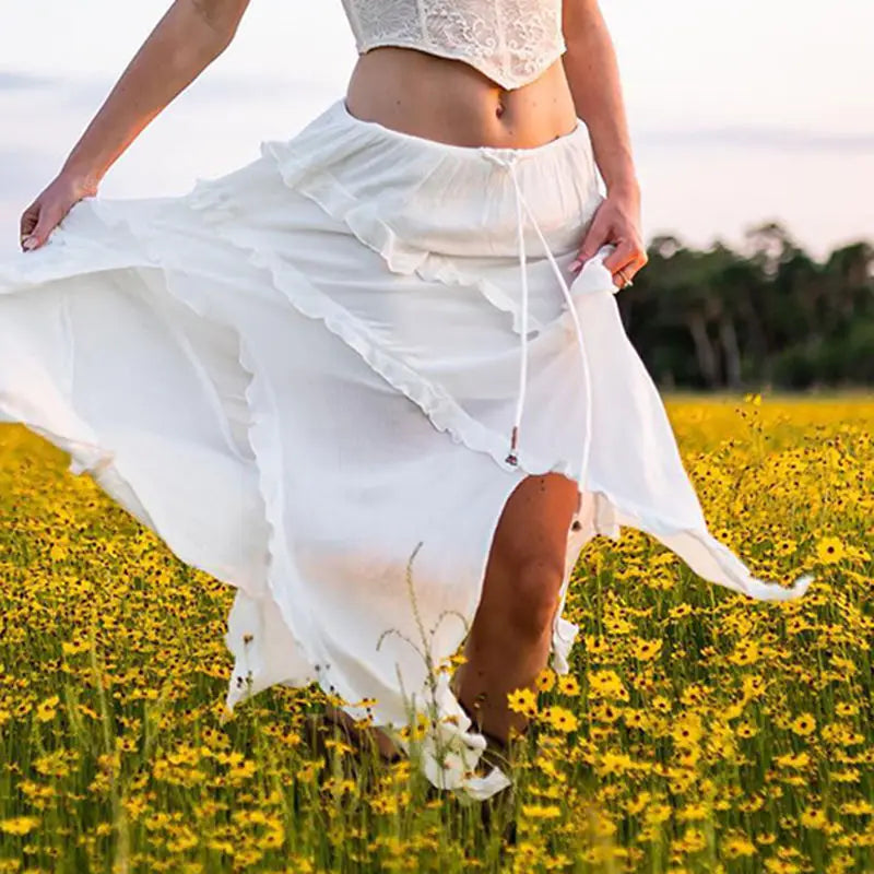 Midi Skirts- Bohemian White Ruffled Asymmetrical Midi Skirt with Lace-Up Detail