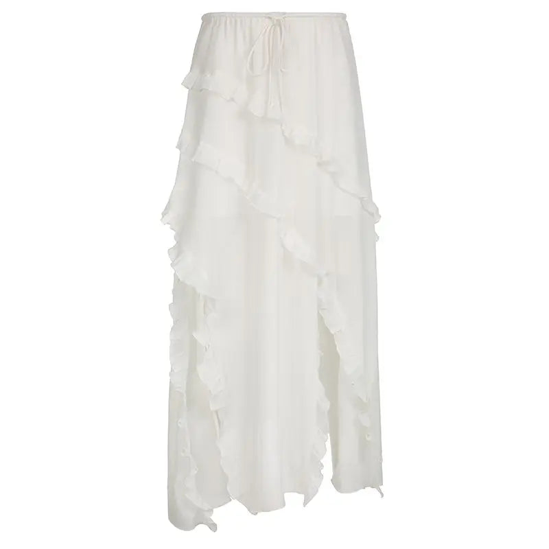 Midi Skirts- Bohemian White Ruffled Asymmetrical Midi Skirt with Lace-Up Detail