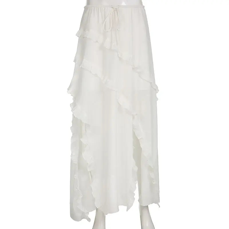 Midi Skirts- Bohemian White Ruffled Asymmetrical Midi Skirt with Lace-Up Detail