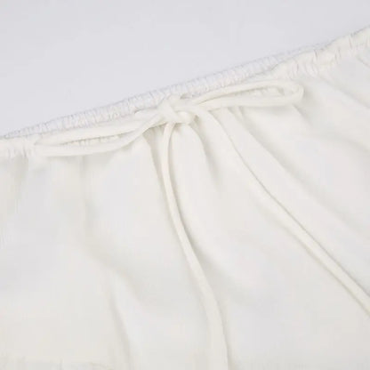 Midi Skirts- Bohemian White Ruffled Asymmetrical Midi Skirt with Lace-Up Detail