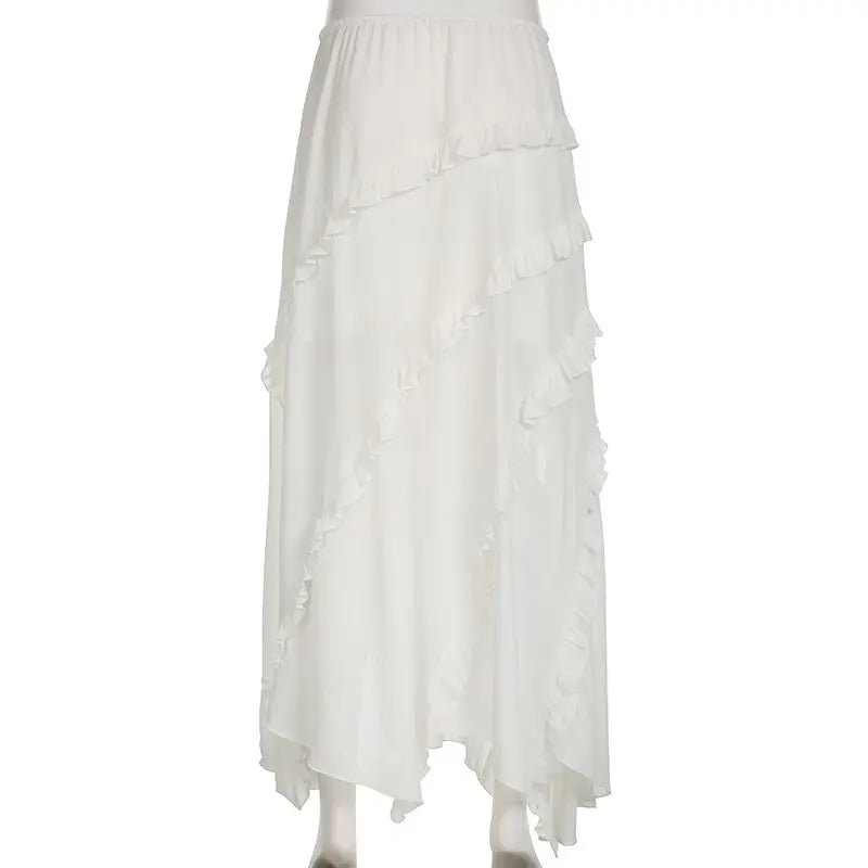 Midi Skirts- Bohemian White Ruffled Asymmetrical Midi Skirt with Lace-Up Detail