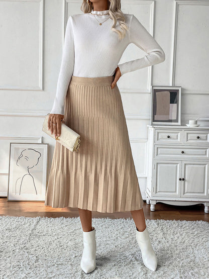 Midi Skirts - Camel Pleated Midi Skirt for Work & Events