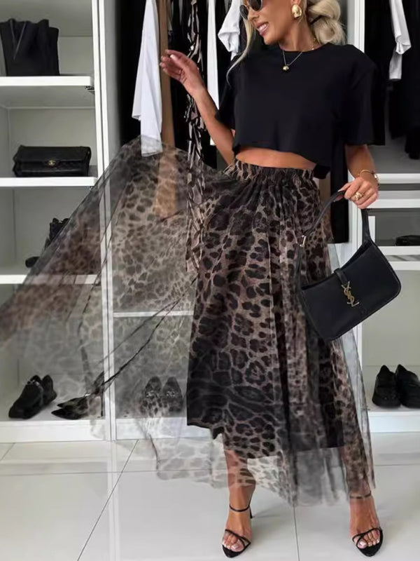 Midi Skirts - Elegant Animal Print Chiffon Midi Skirt