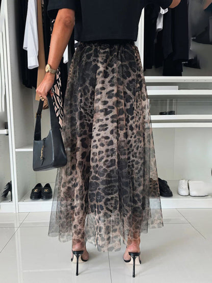 Midi Skirts - Elegant Animal Print Chiffon Midi Skirt