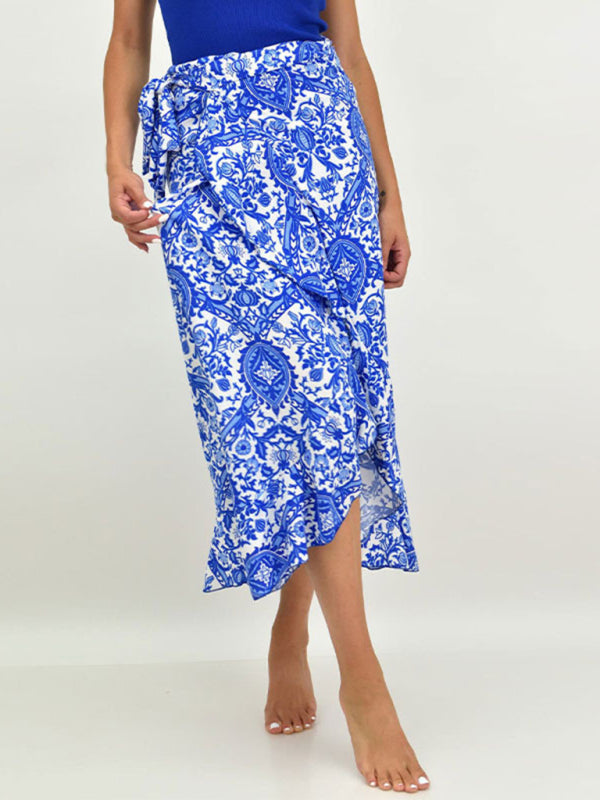 Midi Skirts- Women's Floral High-Low Wrap Midi Skirt in Blue- - Pekosa Women Fashion