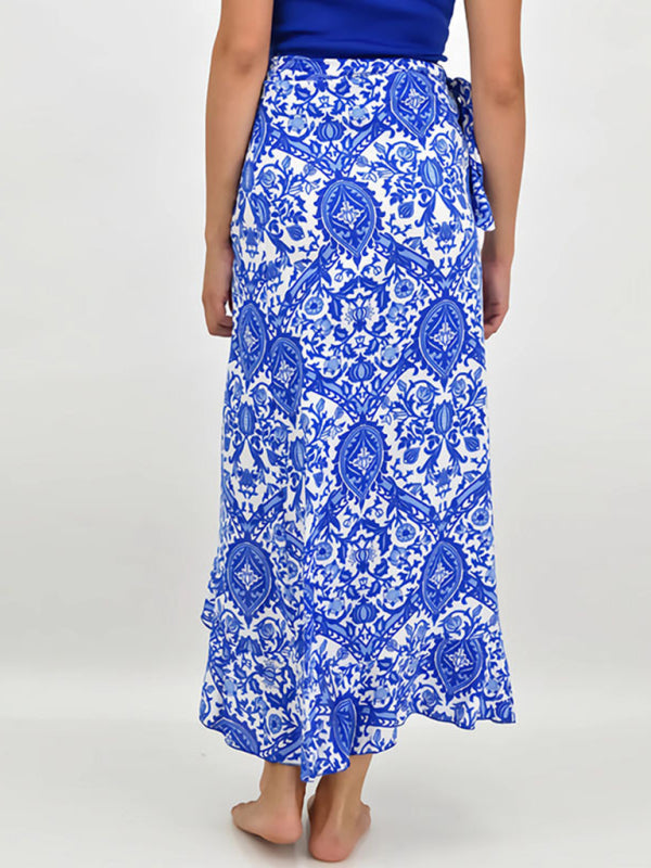 Midi Skirts- Women's Floral High-Low Wrap Midi Skirt in Blue- - Pekosa Women Fashion