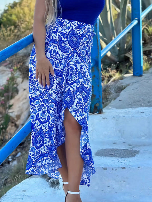 Midi Skirts- Women's Floral High-Low Wrap Midi Skirt in Blue- Blue- Pekosa Women Fashion