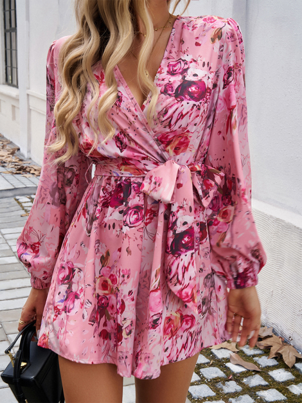 MinI Dresses- Vibrant Floral Wrap Romper Dress for Women- Pink- Pekosa Women Fashion