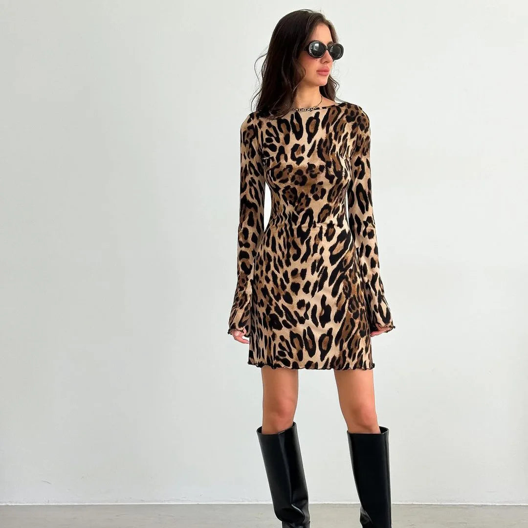 Mini Dress - Leopard Print Mesh Long Sleeve See Through Mini Dress - Urban Fashion