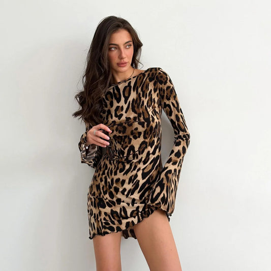 Mini Dress - Leopard Print Mesh Long Sleeve See Through Mini Dress - Urban Fashion