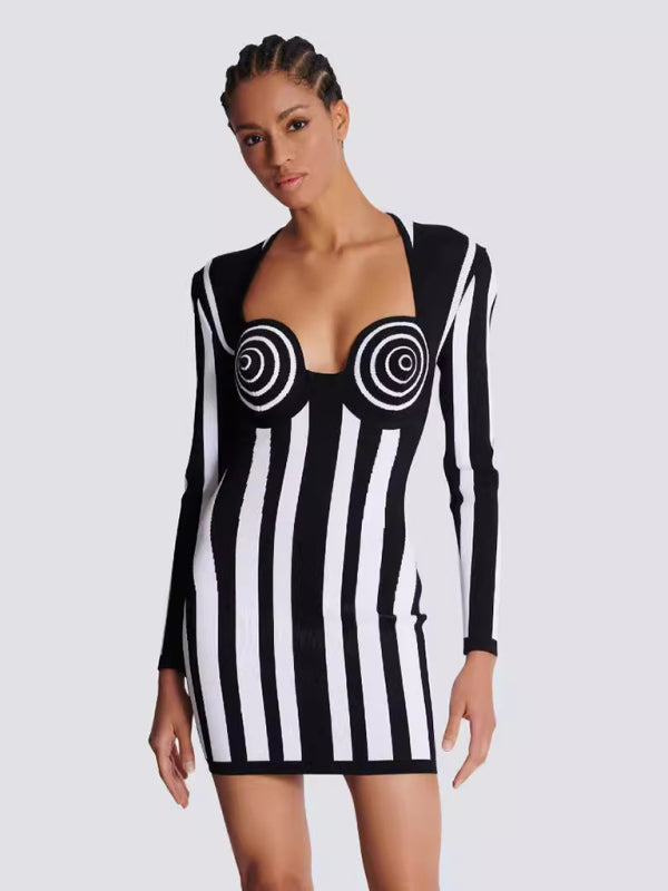 Mini Dresses - Spiral Black and White Striped Bodycon Dress