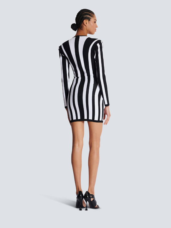 Mini Dresses - Spiral Black and White Striped Bodycon Dress