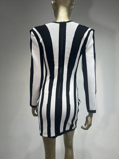 Mini Dresses - Spiral Black and White Striped Bodycon Dress