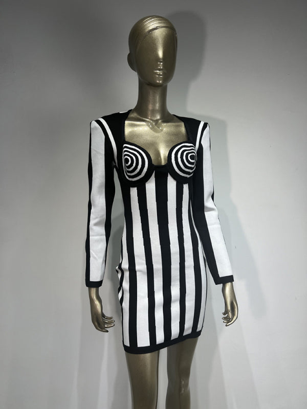 Mini Dresses - Spiral Black and White Striped Bodycon Dress